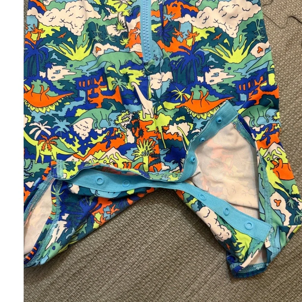 Lands End Baby Boys Dinosaur Rash Guard Swimsuit One Piece Blue 12-18M Snaps
